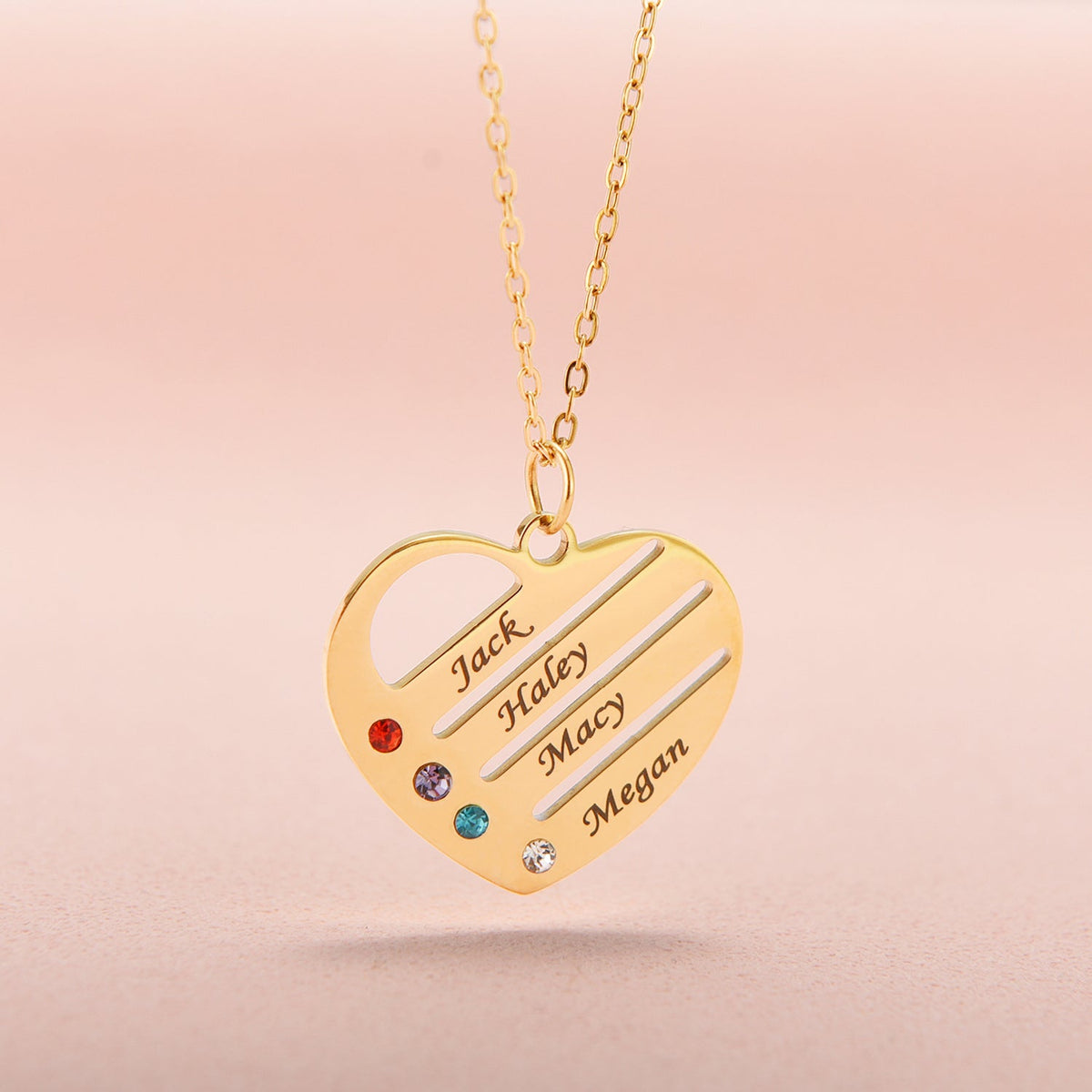 "Heart of the Family" – Custom Birthstone & Name Necklace in LED Mahogany Box