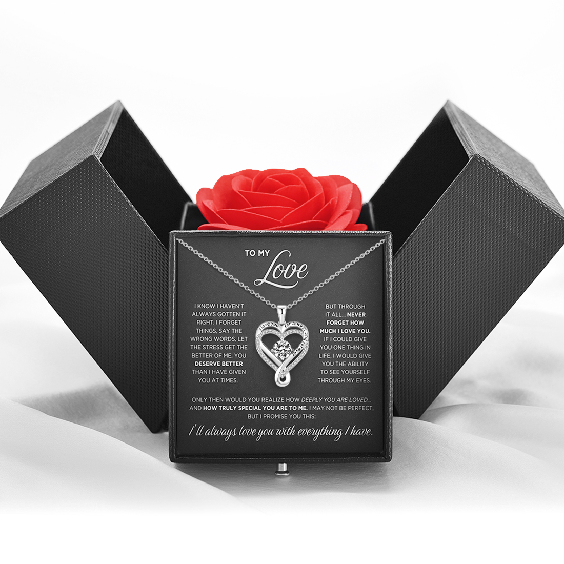 Sparkling Heart Necklace for Wife with Eternal Rose Light Box