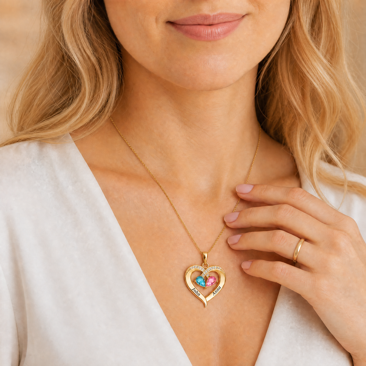 Siempre Tuya – Collar de Corazón con Piedra de Nacimiento y Caja de Nogal Grabada