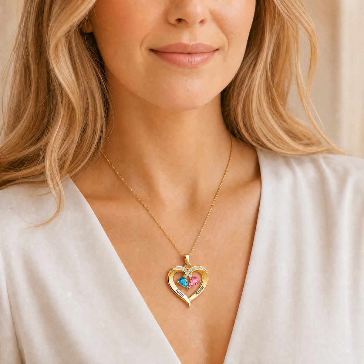 Siempre Tuya – Collar de Corazón con Piedra de Nacimiento y Caja de Nogal Grabada