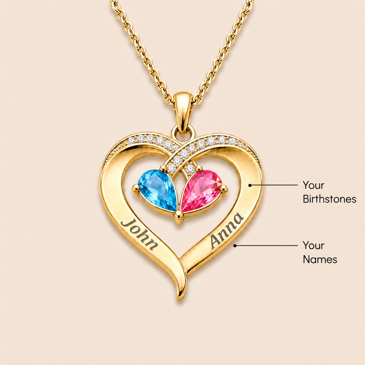Siempre Tuya – Collar de Corazón con Piedra de Nacimiento y Caja de Nogal Grabada