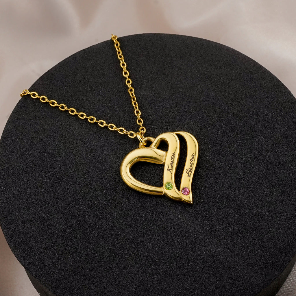 Customized Names And Birthstones Heart Necklace Luxury Gift Set