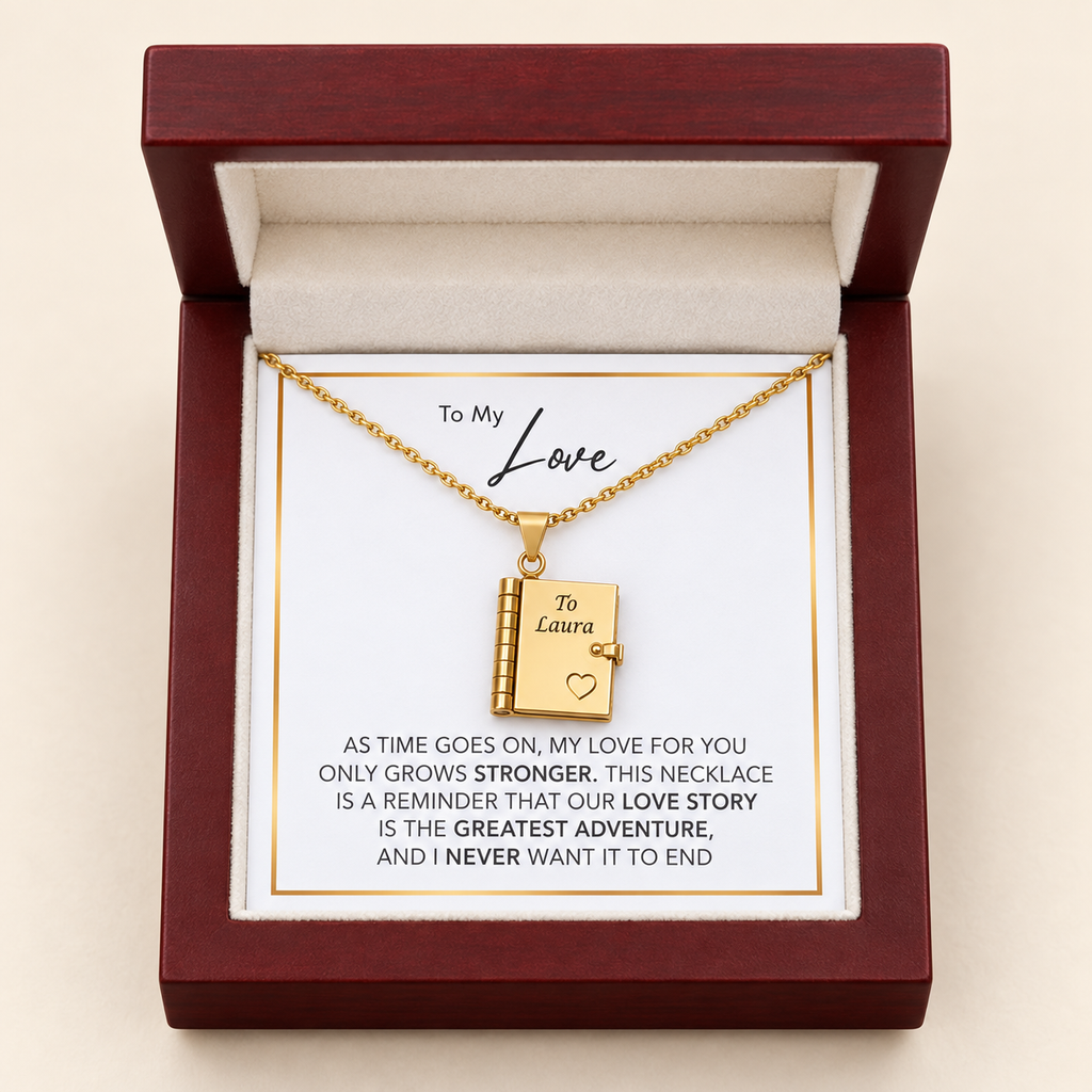 "Our Love Story" Engraved Notebook Necklace