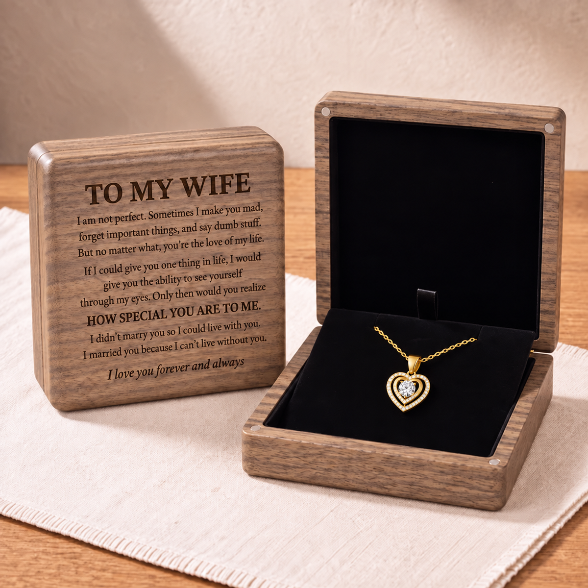 To My Wife – Halo Heart Necklace in Engraved Walnut Gift Box