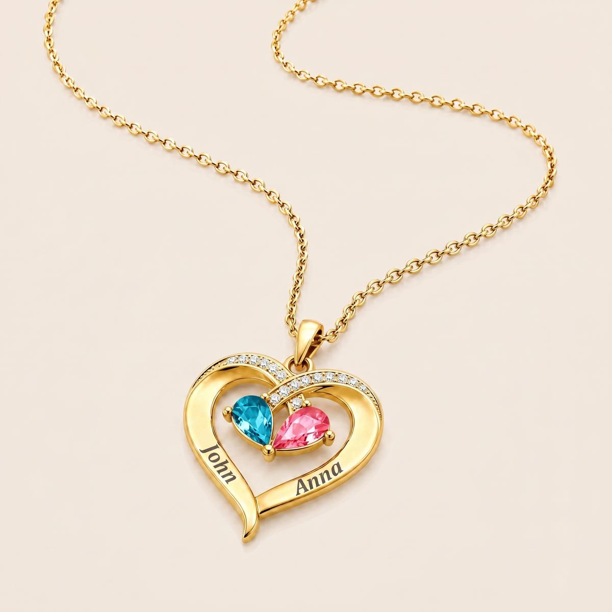 Siempre Tuya – Collar de Corazón con Piedra de Nacimiento y Caja de Nogal Grabada