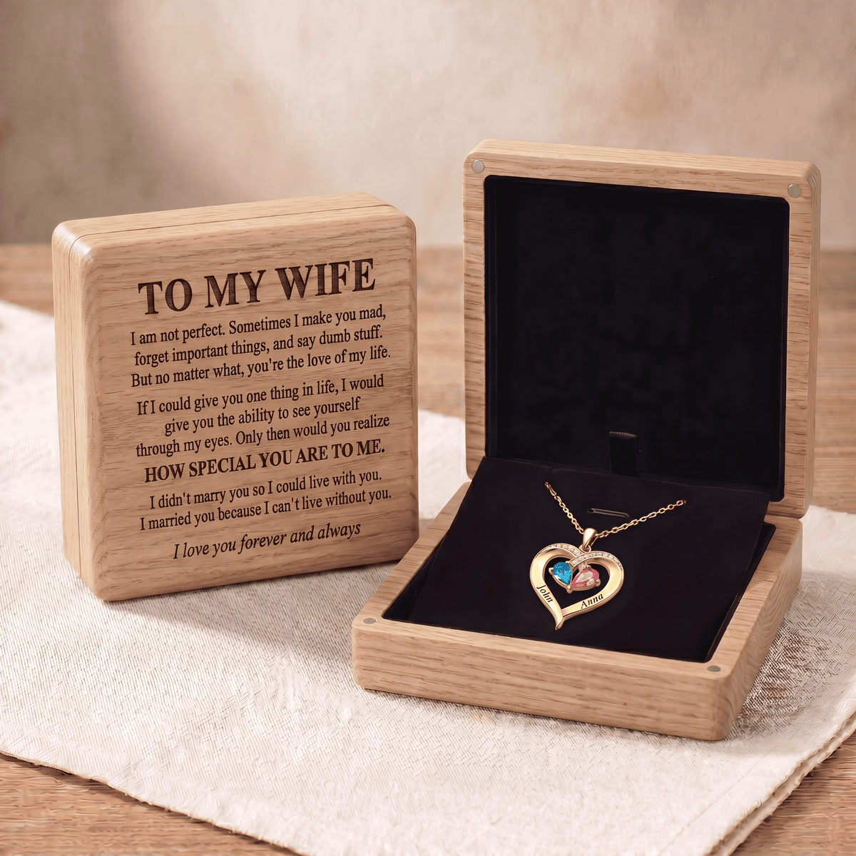 Forever Yours - Birthstone Heart Necklace & Engraved Walnut Box